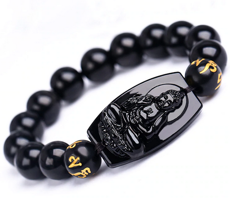 Bouddha Magnifique Pendentif et Bracelet en obsidienne noire