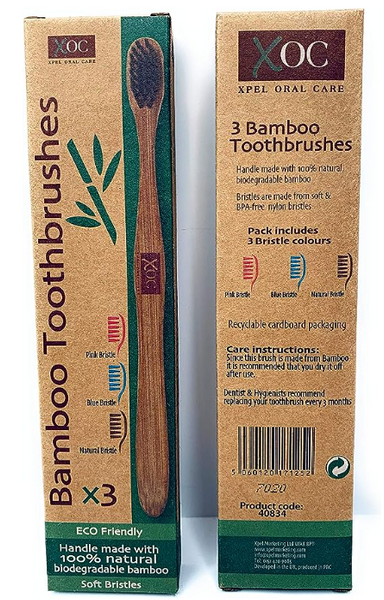 Boite de 3 brosses à dent en bambou écologique, 100% naturel