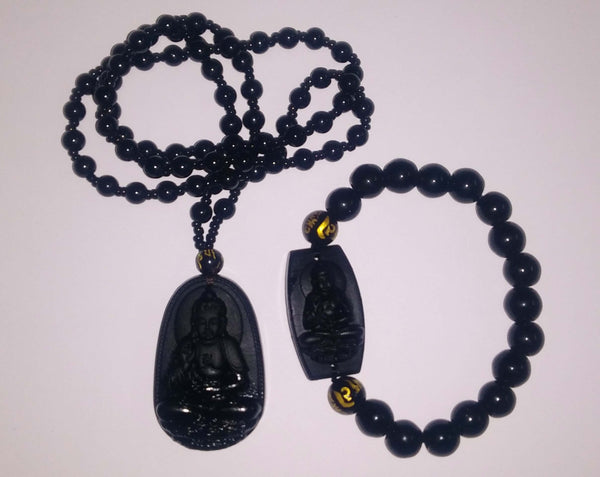 Bouddha Magnifique Pendentif et Bracelet en obsidienne noire